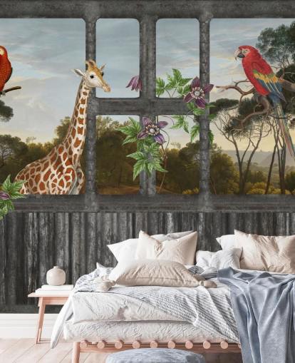 red parrots and giraffe looking through cabin window wallpaper
