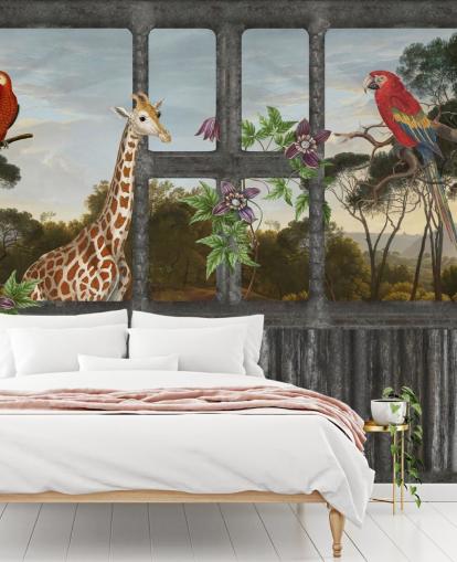 röda papegojor och giraff tittar genom kabinfönster tapeter röda papegojor och giraff tittar genom kabinfönster tapeter