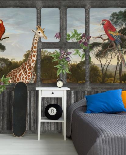 perroquets rouges et girafe regardant à travers le papier peint de la fenêtre de la cabine