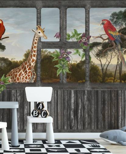 red parrots and giraffe looking through cabin window wallpaper