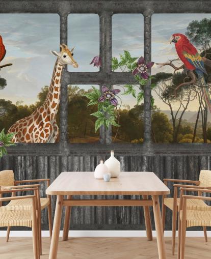 röda papegojor och giraff tittar genom kabinfönster tapeter röda papegojor och giraff tittar genom kabinfönster tapeter