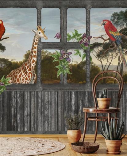 red parrots and giraffe looking through cabin window wallpaper