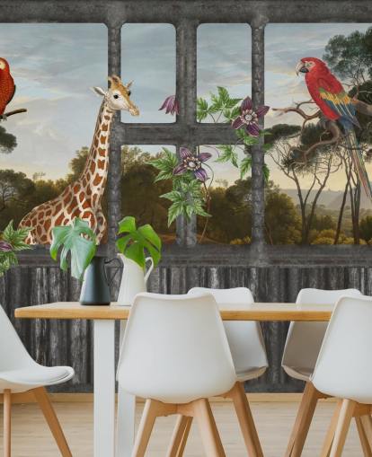 perroquets rouges et girafe regardant à travers le papier peint de la fenêtre de la cabine