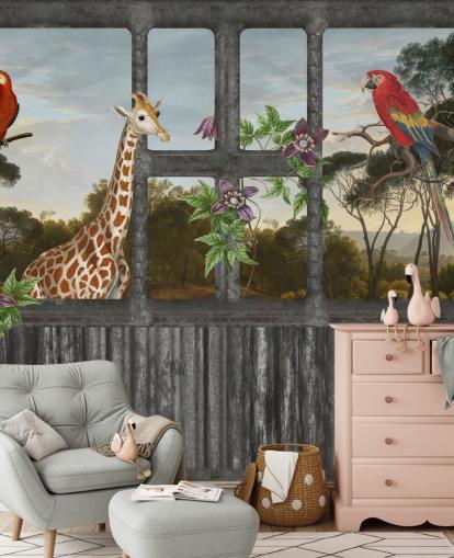 papagaios vermelhos e girafa olhando através do papel de parede da janela da cabine