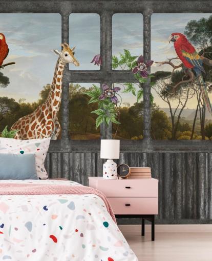 red parrots and giraffe looking through cabin window wallpaper red parrots and giraffe looking through cabin window wallpaper