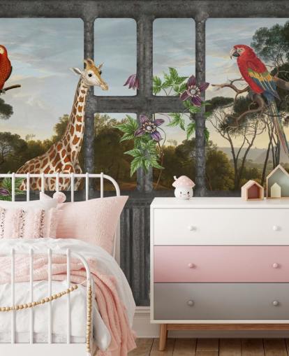 perroquets rouges et girafe regardant à travers le papier peint de la fenêtre de la cabine