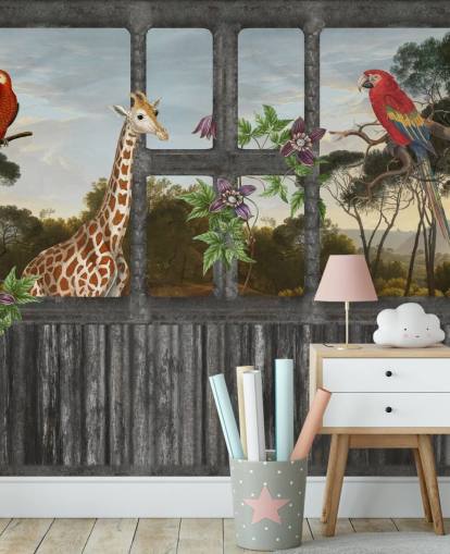 papagaios vermelhos e girafa olhando através do papel de parede da janela da cabine