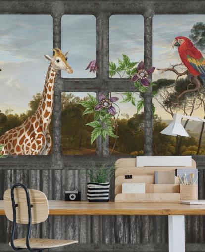 papagaios vermelhos e girafa olhando através do papel de parede da janela da cabine