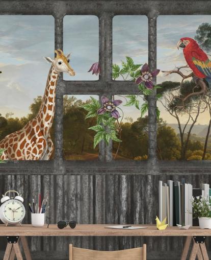 loros rojos y jirafas mirando a través del papel tapiz de la ventana de cabina