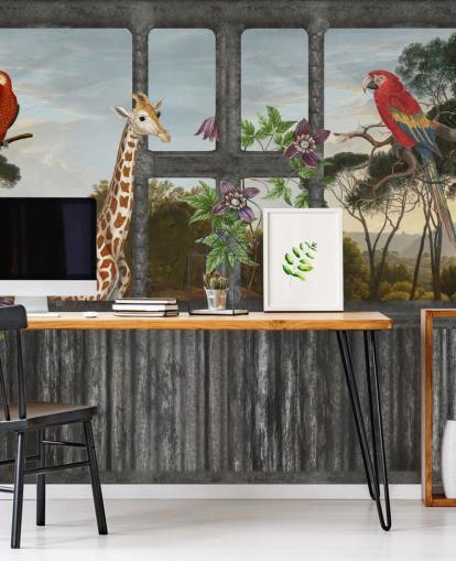 papagaios vermelhos e girafa olhando através do papel de parede da janela da cabine