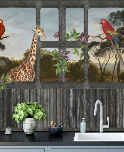 red parrots and giraffe looking through cabin window wallpaper red parrots and giraffe looking through cabin window wallpaper