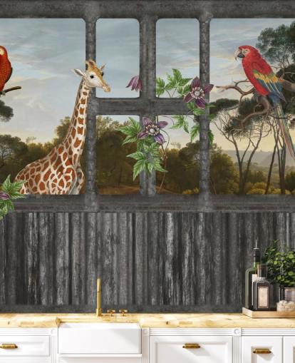 red parrots and giraffe looking through cabin window wallpaper