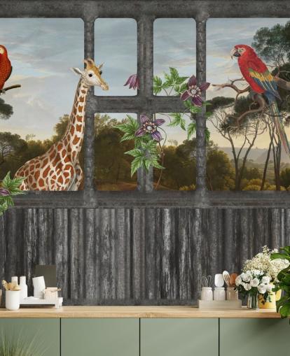 rote Papageien und Giraffen schauen durch Kabinenfenstertapete