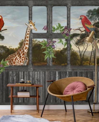 röda papegojor och giraff tittar genom kabinfönster tapeter