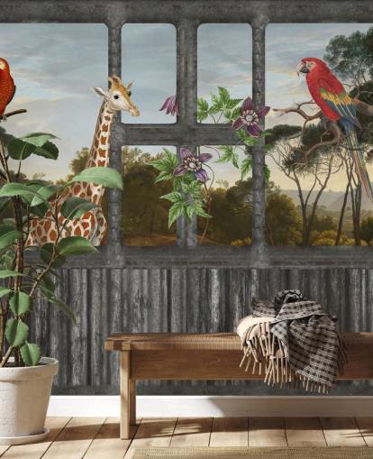 perroquets rouges et girafe regardant à travers le papier peint de la fenêtre de la cabine