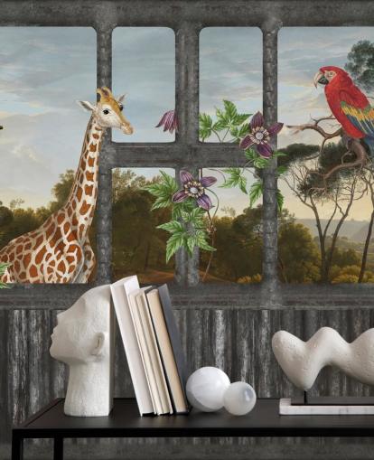 rote Papageien und Giraffen schauen durch Kabinenfenstertapete