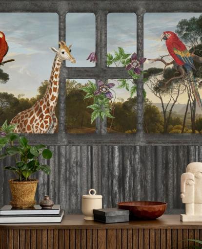 red parrots and giraffe looking through cabin window wallpaper