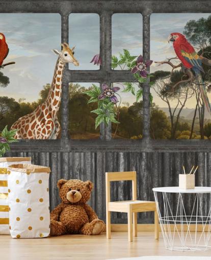 red parrots and giraffe looking through cabin window wallpaper