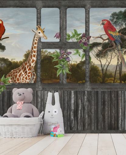 papagaios vermelhos e girafa olhando através do papel de parede da janela da cabine