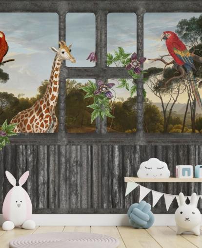 red parrots and giraffe looking through cabin window wallpaper