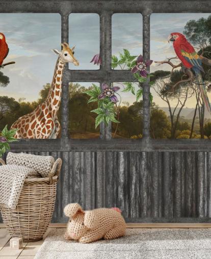 loros rojos y jirafas mirando a través del papel tapiz de la ventana de cabina