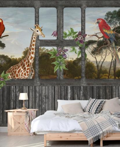 papagaios vermelhos e girafa olhando através do papel de parede da janela da cabine papagaios vermelhos e girafa olhando através do papel de parede da janela da cabine