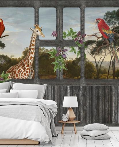 perroquets rouges et girafe regardant à travers le papier peint de la fenêtre de la cabine