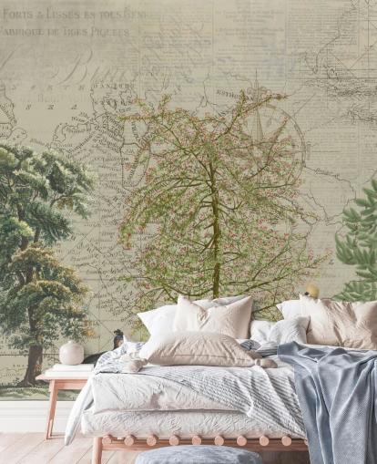 antica illustrazione di alberi e animali del bosco con carta da parati sfondo mappa