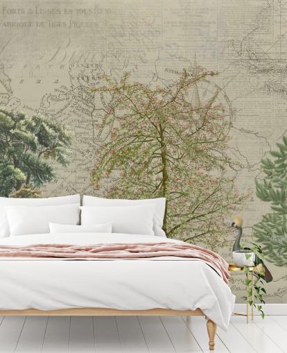 antique illustration of trees and woodland animals with map background wallpaper