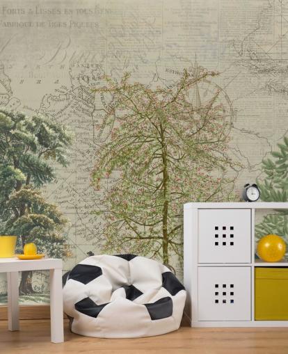 antique illustration of trees and woodland animals with map background wallpaper