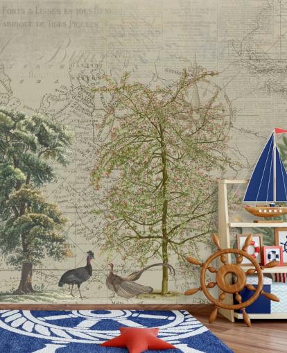 antica illustrazione di alberi e animali del bosco con carta da parati sfondo mappa