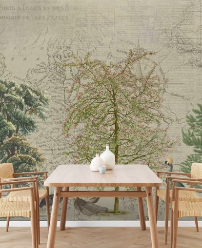 antique illustration of trees and woodland animals with map background wallpaper