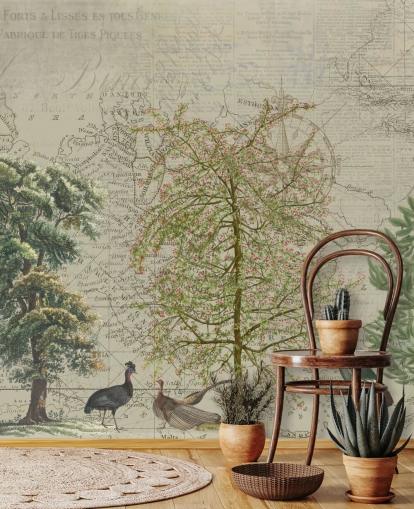 antica illustrazione di alberi e animali del bosco con carta da parati sfondo mappa