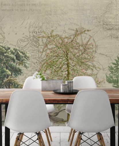 antique illustration of trees and woodland animals with map background wallpaper