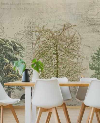 antique illustration of trees and woodland animals with map background wallpaper