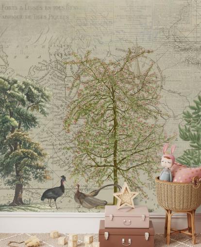 ilustração antiga de árvores e animais da floresta com papel de parede de fundo do mapa