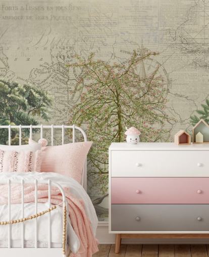 antique illustration of trees and woodland animals with map background wallpaper antique illustration of trees and woodland animals with map background wallpaper