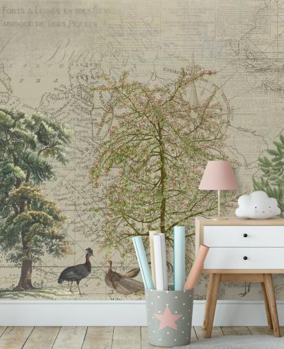 ilustración antigua de árboles y animales del bosque con papel tapiz de fondo de mapa