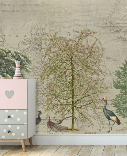 antique illustration of trees and woodland animals with map background wallpaper