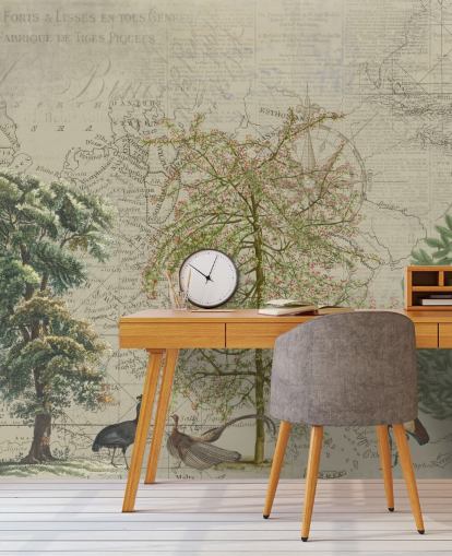 antique illustration of trees and woodland animals with map background wallpaper antique illustration of trees and woodland animals with map background wallpaper