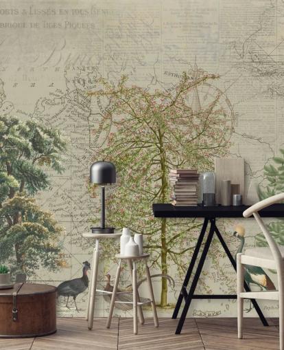 antique illustration of trees and woodland animals with map background wallpaper