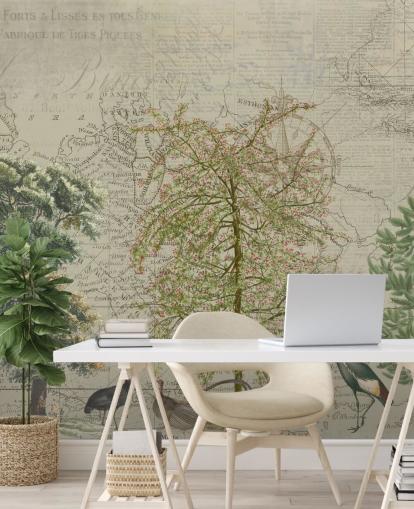 antik illustration av träd och skogsdjur med karta bakgrundsbild