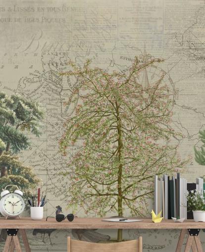 antique illustration of trees and woodland animals with map background wallpaper
