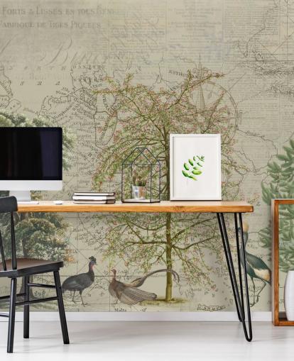 antique illustration of trees and woodland animals with map background wallpaper antique illustration of trees and woodland animals with map background wallpaper