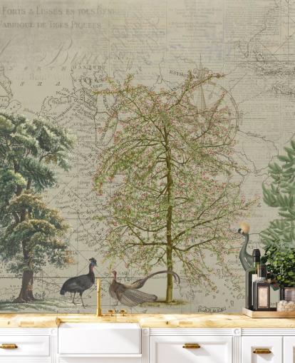 antique illustration of trees and woodland animals with map background wallpaper