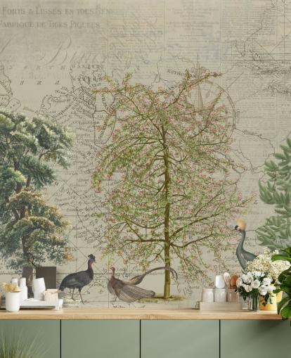 antique illustration of trees and woodland animals with map background wallpaper antique illustration of trees and woodland animals with map background wallpaper