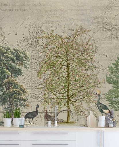 antique illustration of trees and woodland animals with map background wallpaper