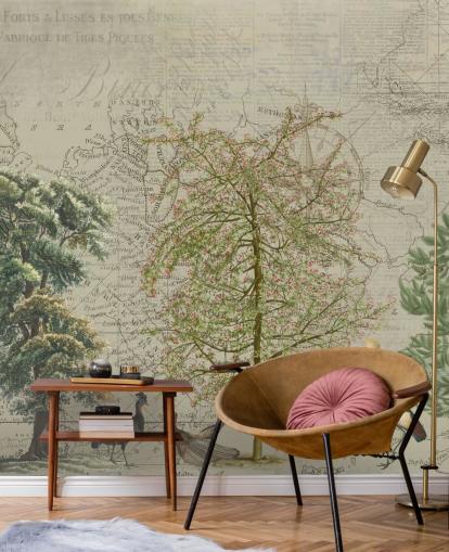 antica illustrazione di alberi e animali del bosco con carta da parati sfondo mappa