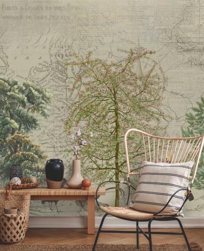 antique illustration of trees and woodland animals with map background wallpaper