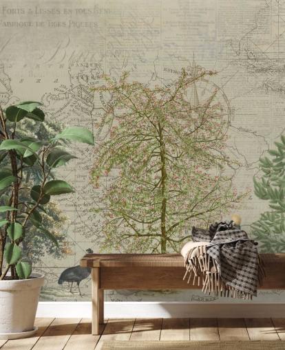 ilustración antigua de árboles y animales del bosque con papel tapiz de fondo de mapa